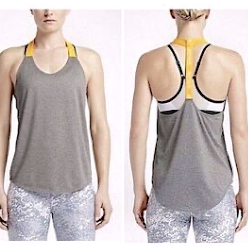 Nike Logo Just Do It Racerback Activewear Top Dri Fit Gray Yellow Tank EUC
